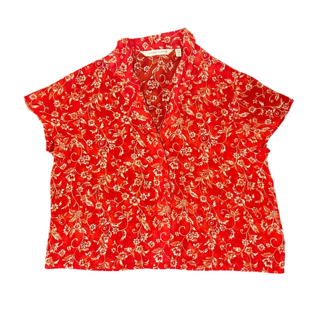 Victoria's Secret Pajama Top Womens Small Red Floral Button Up 1621